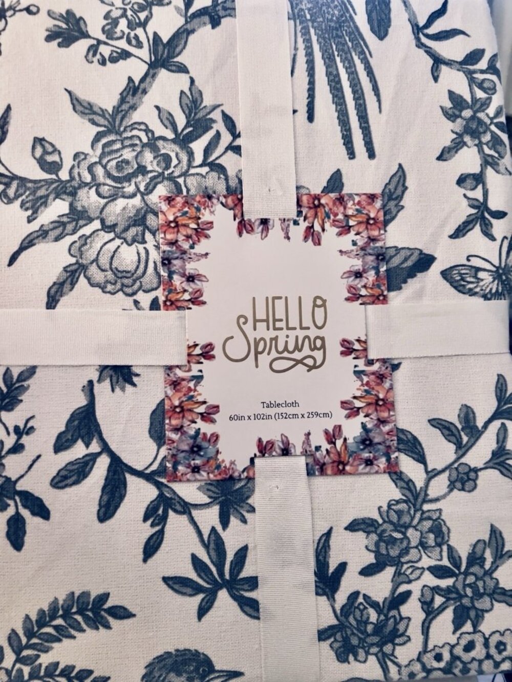 Tablecloth  60" x 102" Flowers Birds Blue White Cotton Blend Mireille Designs